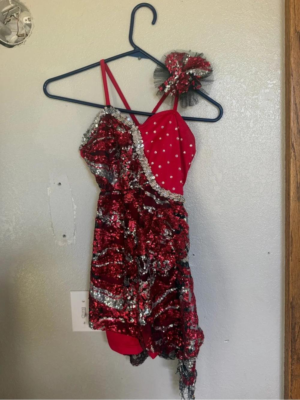 Red Sequin Girls' Dance Costume with Silver Accents